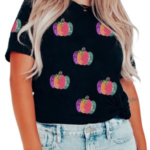 Women's Sequin Pumpkin T Shirt, Casual Fall Graphic Top - Main View