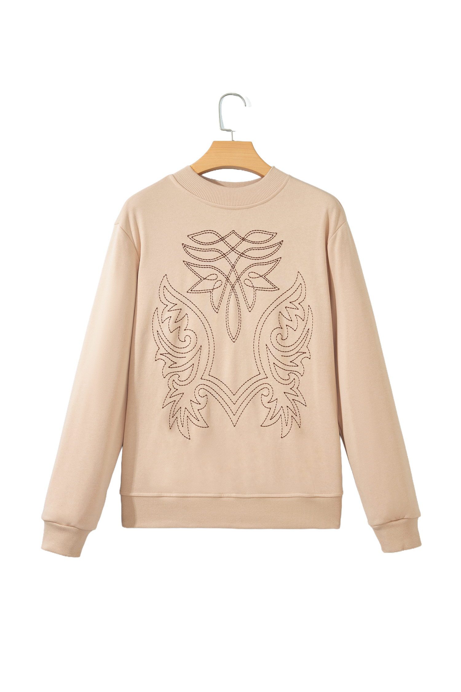 Beige Long Sleeve Pullover, Southwestern Style Embroidery - Detail View 5