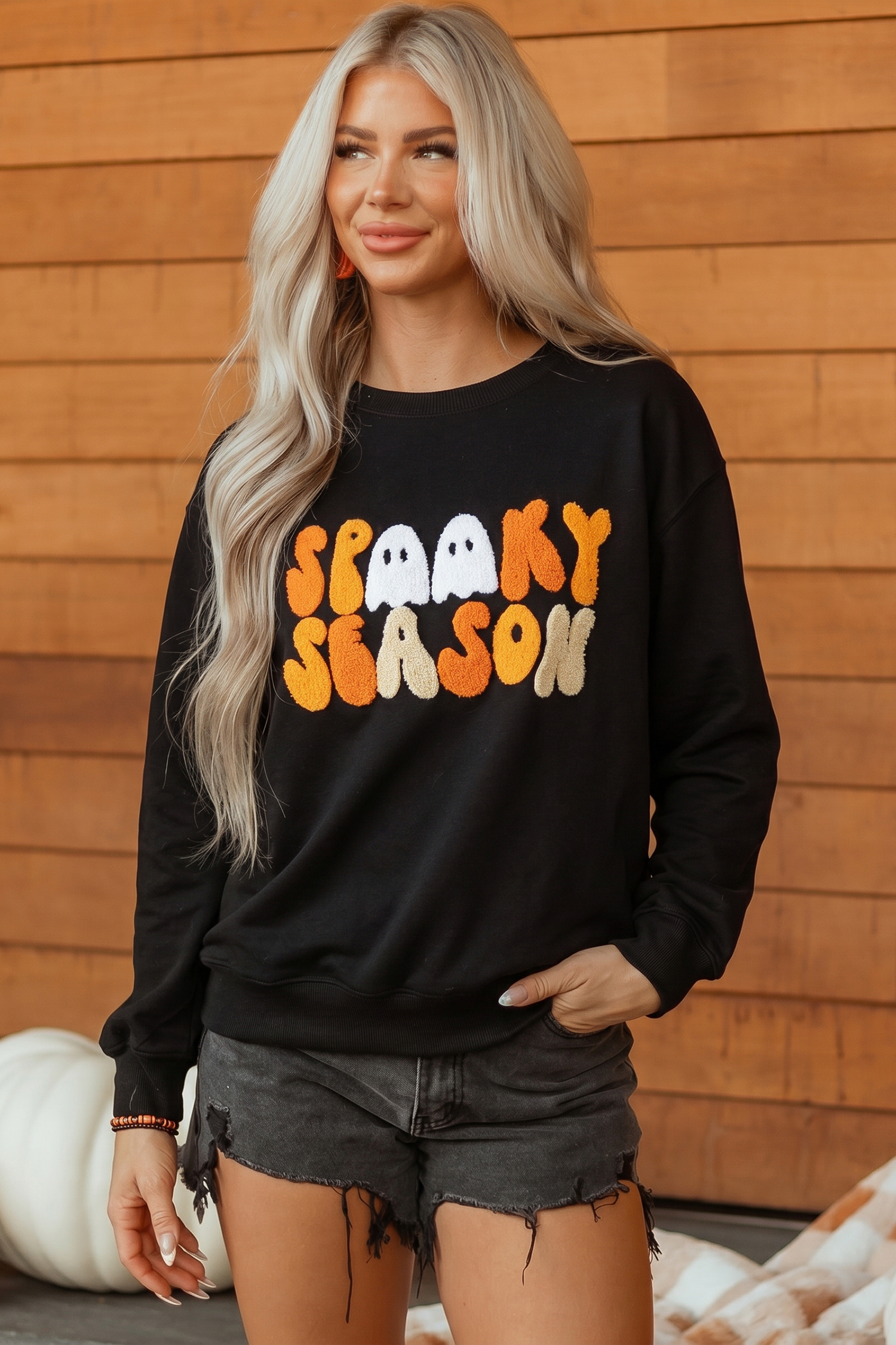 Casual Fall Pullover Sweatshirt, Embroidered Spooky Season - Detail View 3