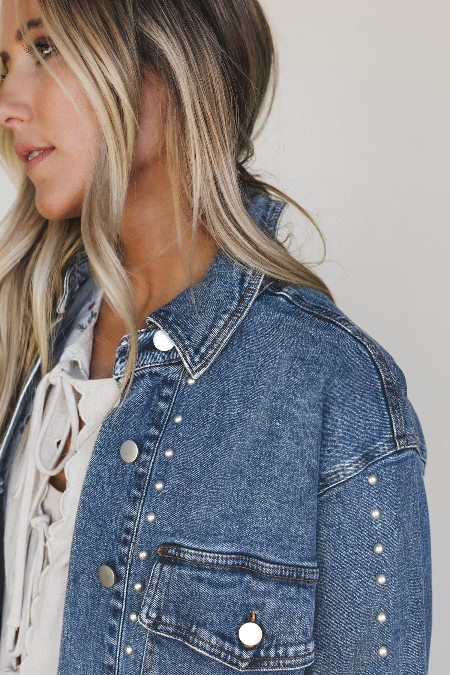 Sail Blue Denim Shirt Jacket, Studded Casual Autumn Outerwear - Detail View 9