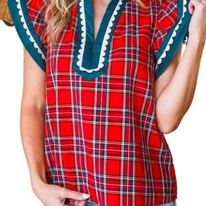 Women's Red Plaid Blouse, Festive Scalloped Trim Top - Main View