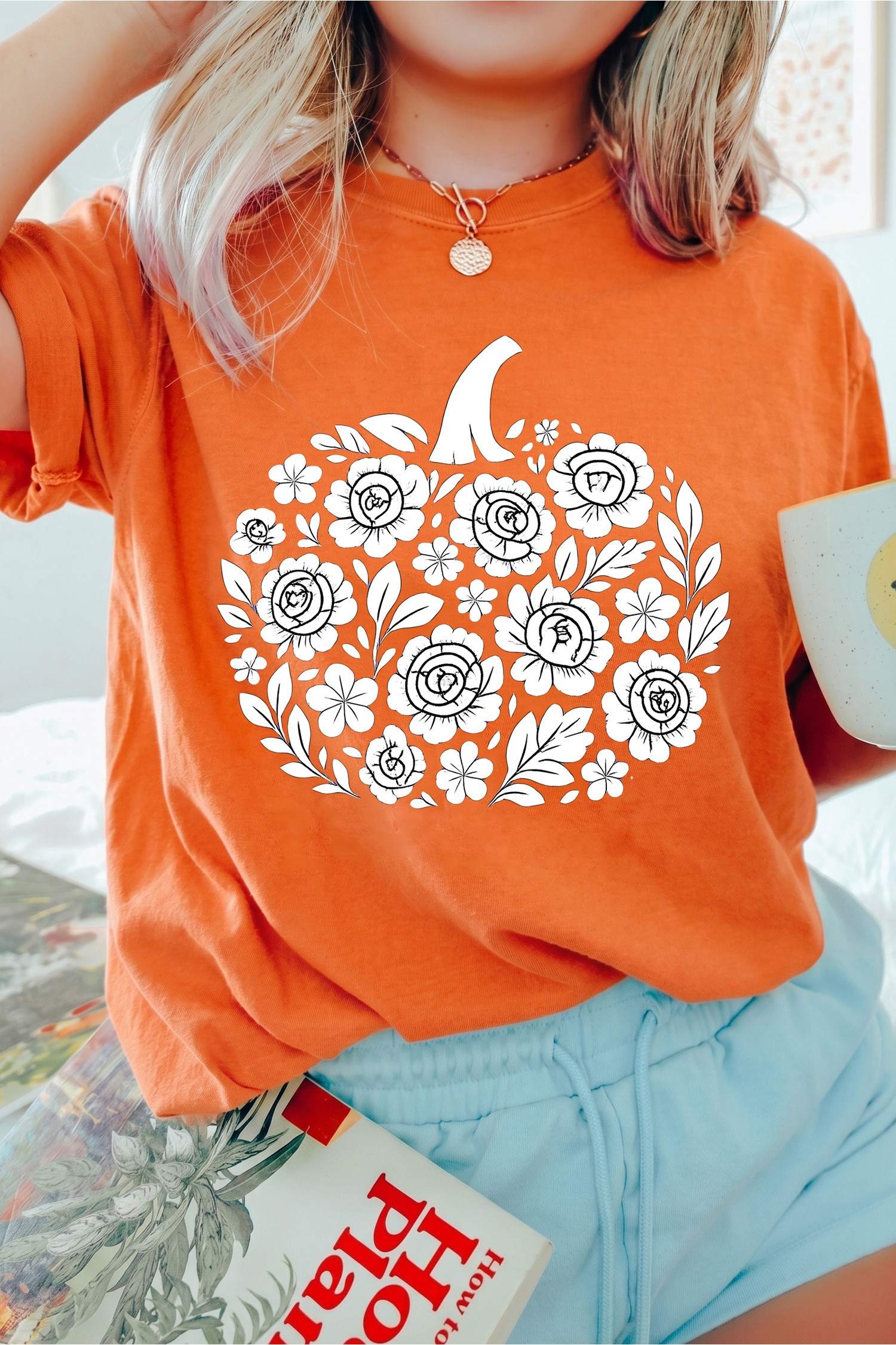 Graphic Pumpkin Print Tee, Women's Fall Seasonal Casual Top - Detail View 2