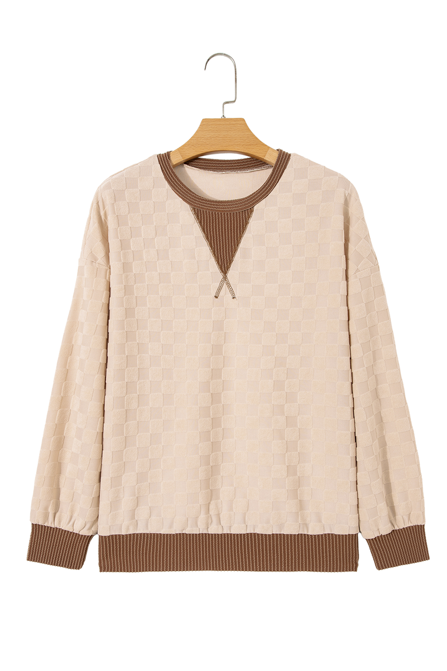 Textured Checkered Sweater, Contrast Trim Round Neck Top - Detail View 8