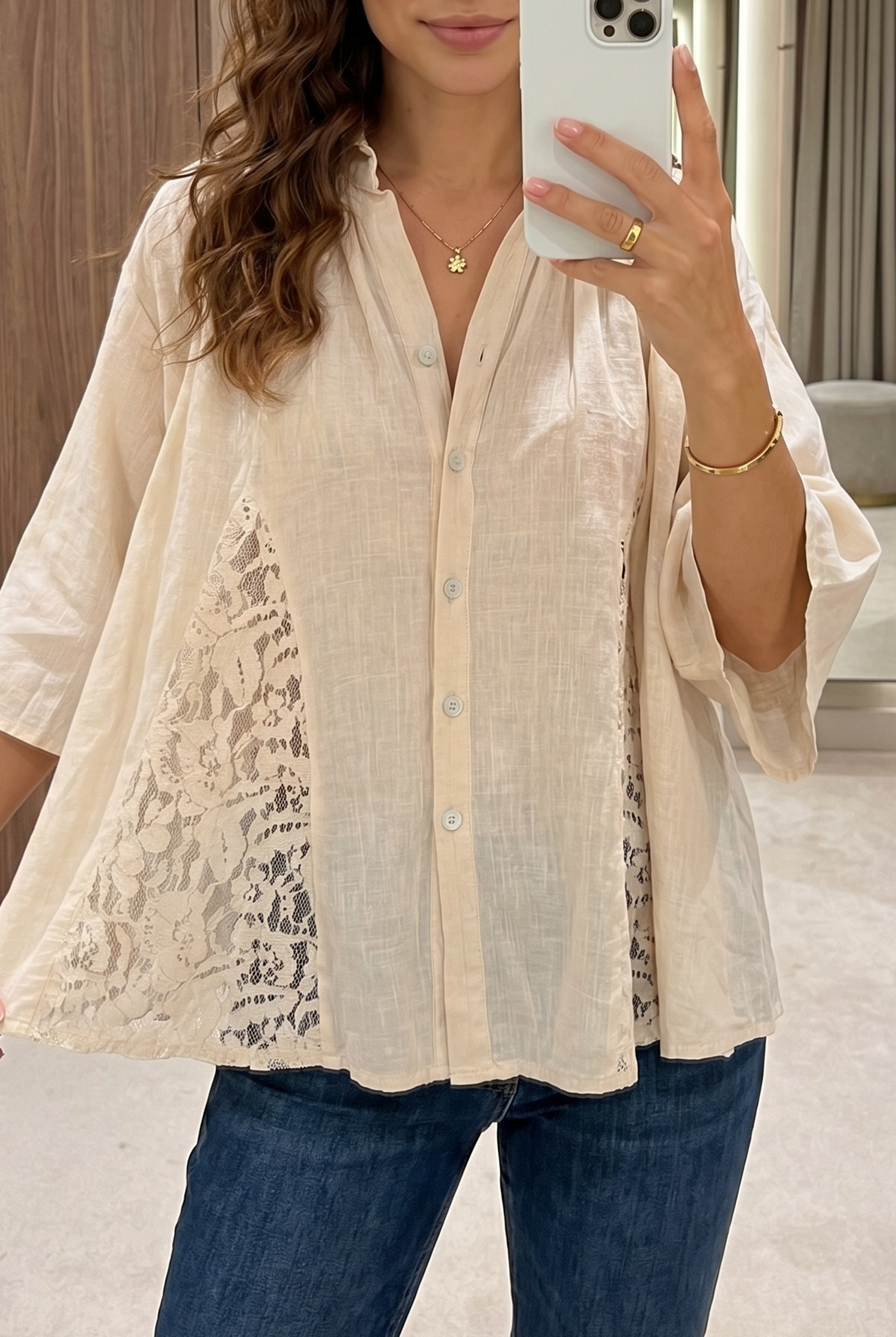 Oversized Boho Button Down, Women's Sheer Lace Patchwork Top - Detail View 2