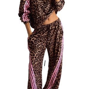 Women's Leopard Print Set, Casual Hooded Long Sleeve Lounge - Main View