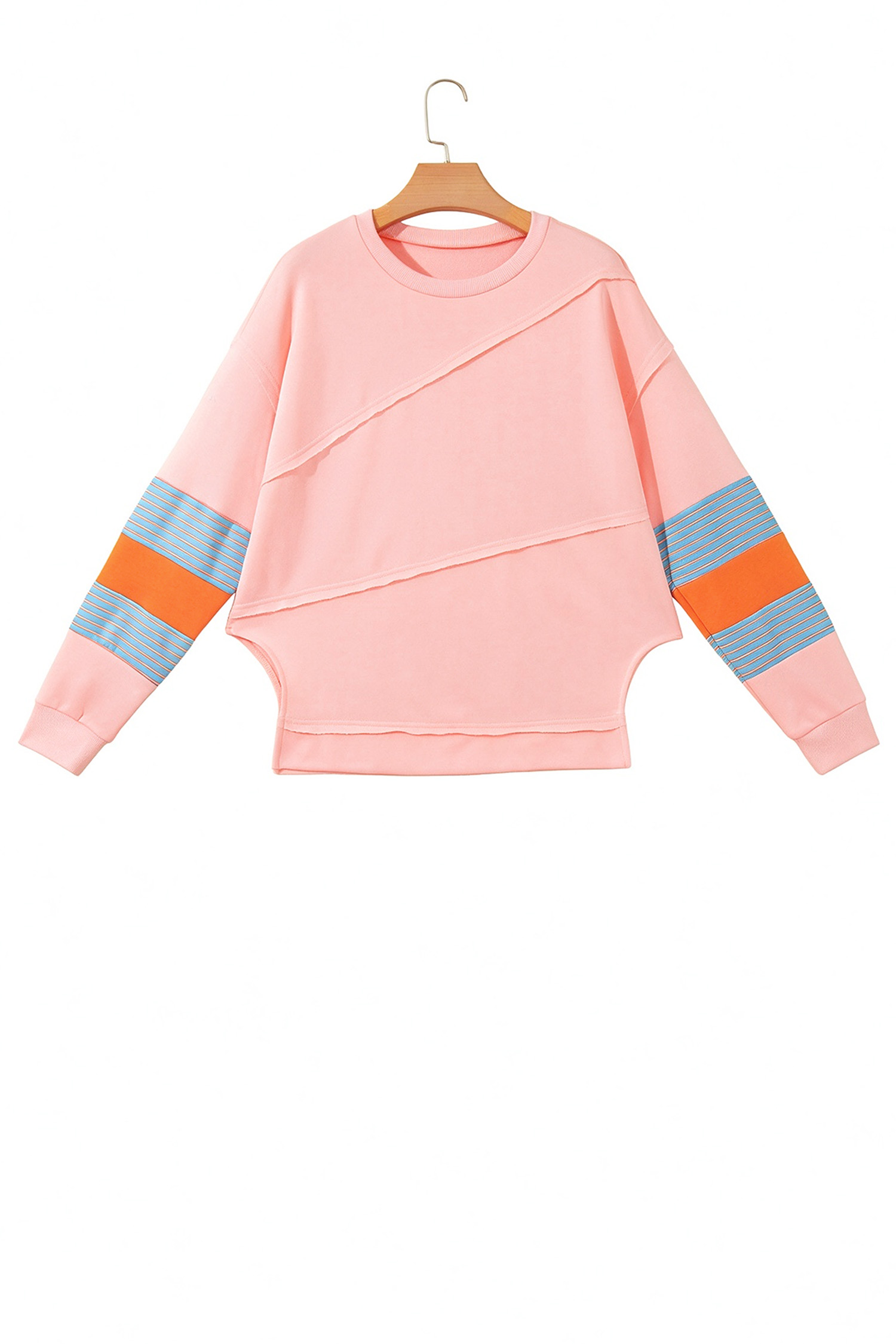 Women's Striped Sleeve Top, Pink Colorblock Casual - Detail View 5