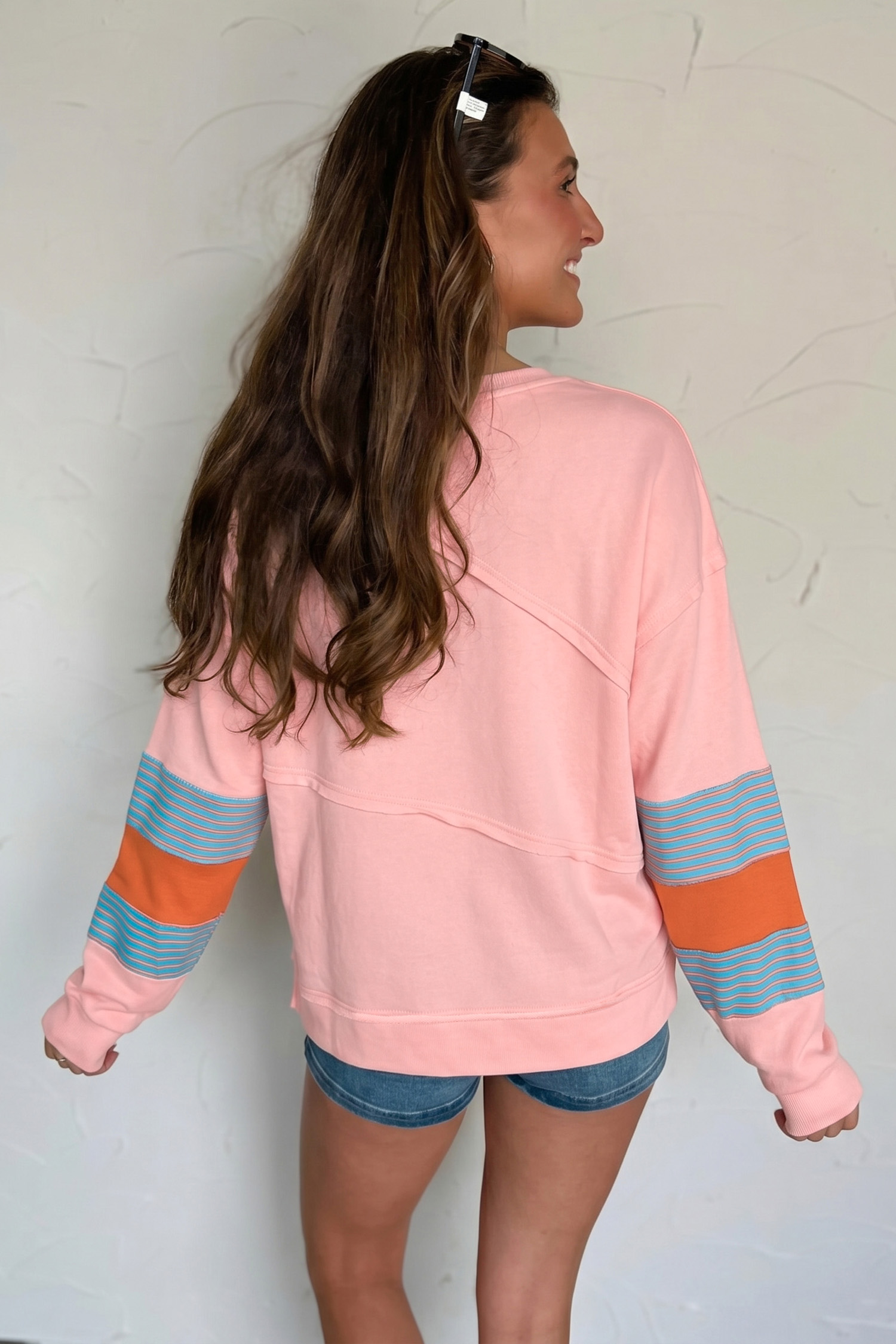 Women's Striped Sleeve Top, Pink Colorblock Casual - Detail View 2