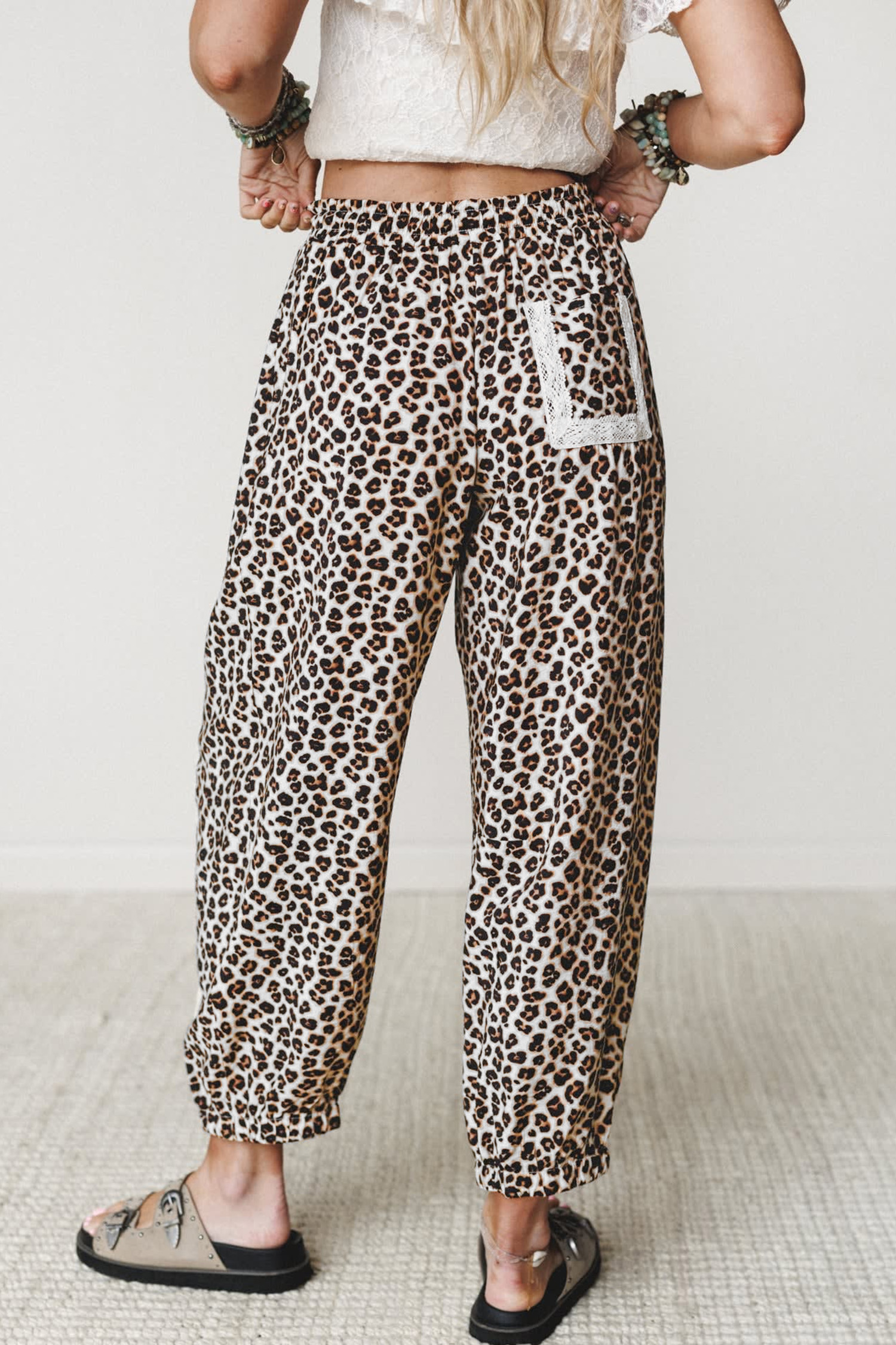 Women's Casual Leopard Joggers, Ankle Length Lace Detail - Detail View 5