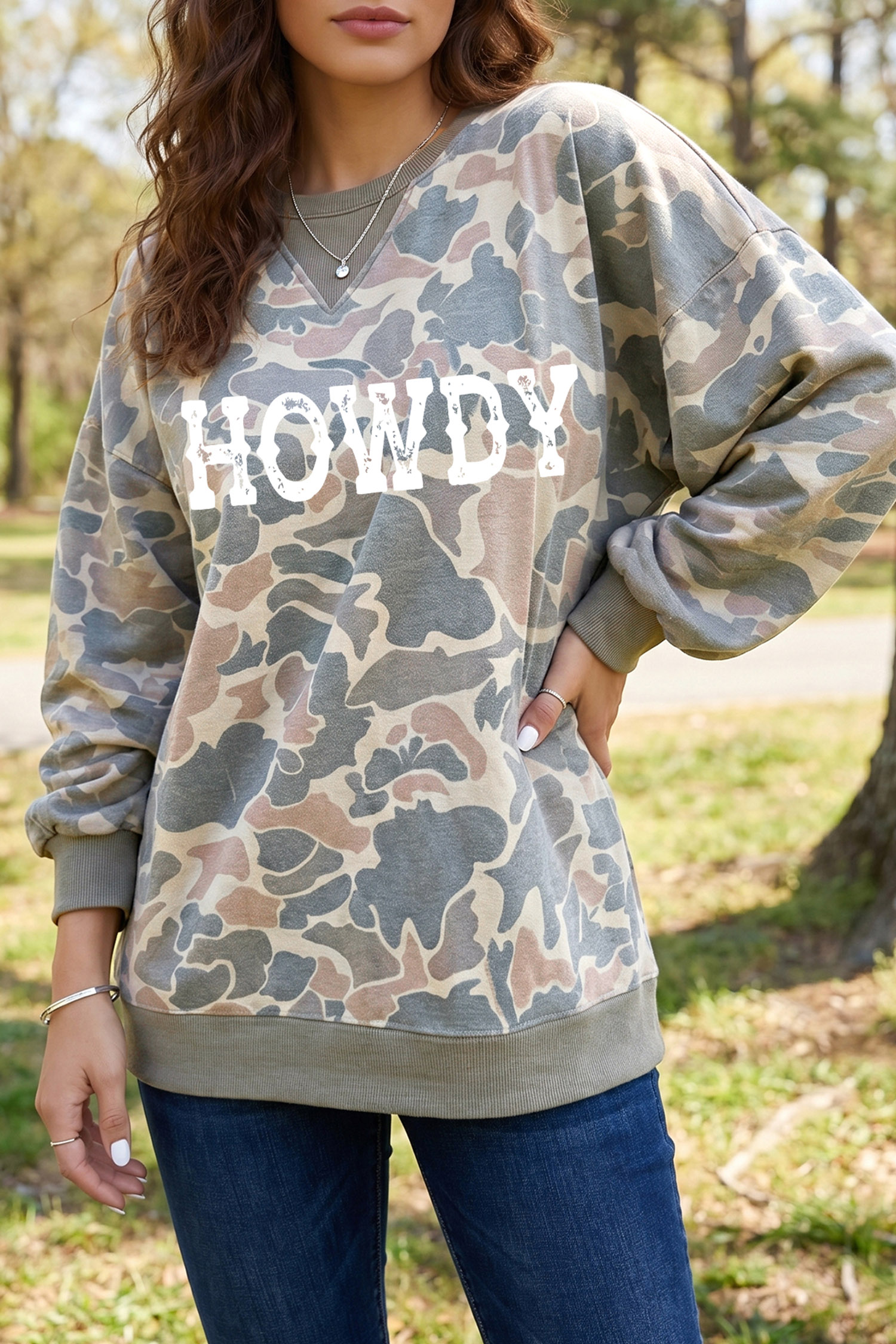 Women's Howdy Graphic Sweatshirt, Western Camo Print Top - Detail View 7