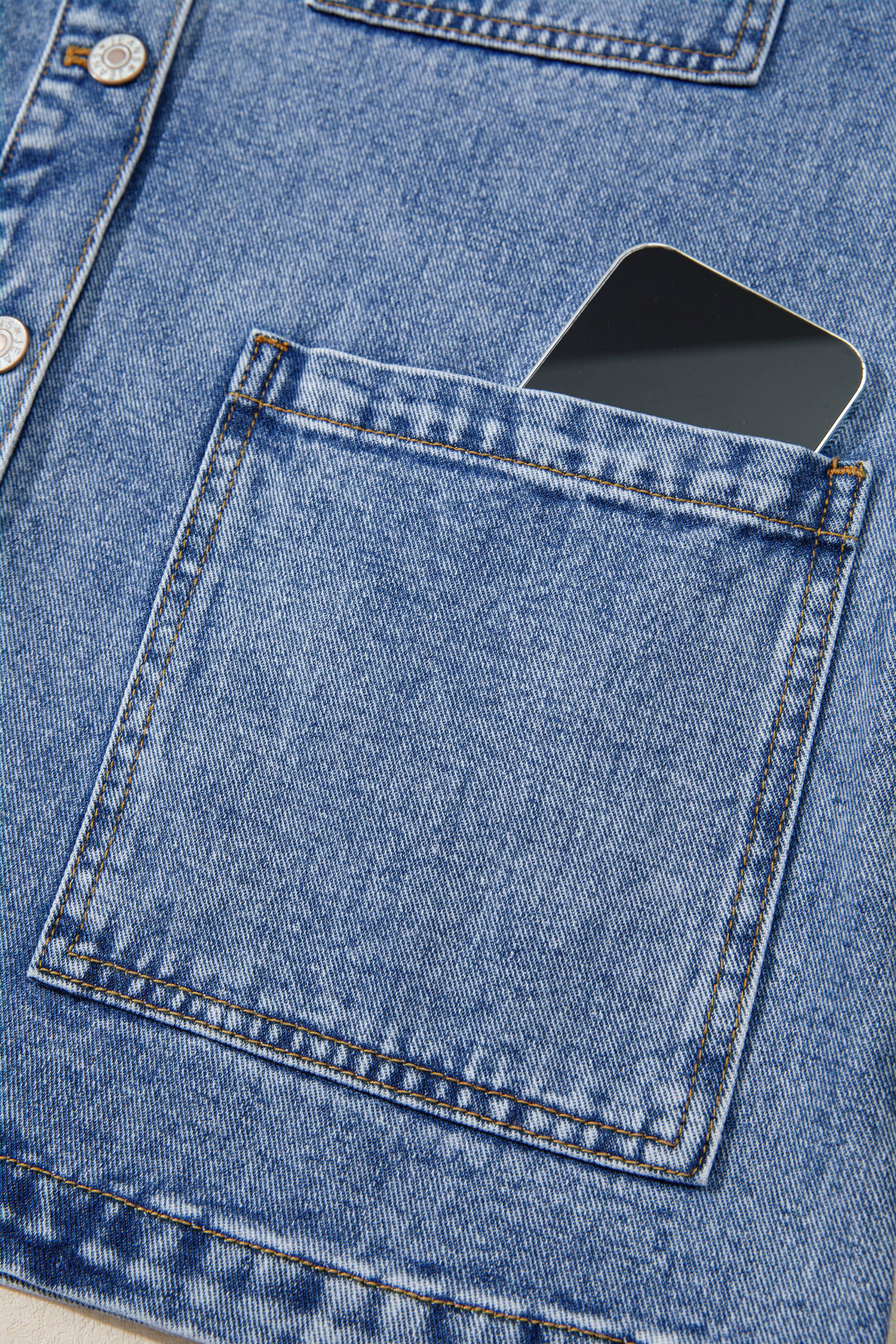 Women's Denim Jacket, Sky Blue Patchwork Button Down Coat - Detail View 10
