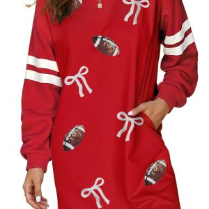 Women's Sequin Football Dress, Red Varsity Long Sleeve Mini - Main View
