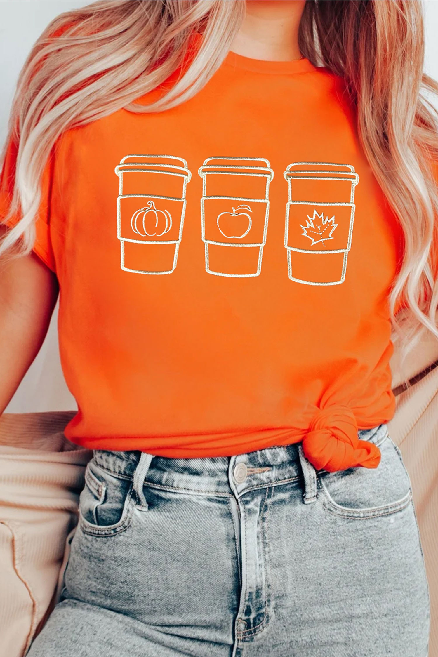 Short Sleeve Fall Graphic Tee, Women's Orange Round Neck Top - Detail View 3