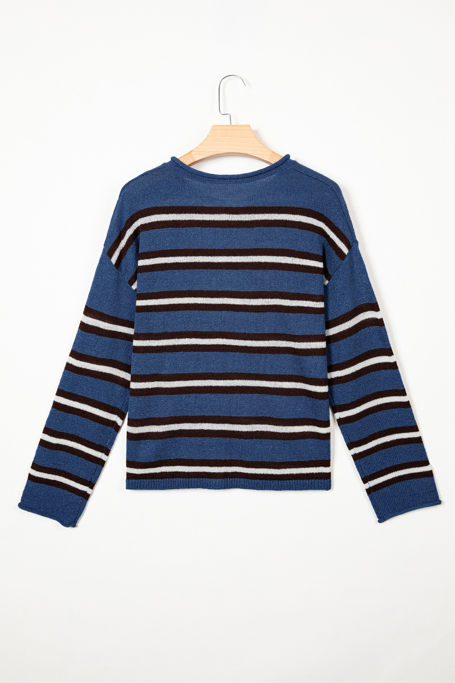 Blue Striped Button Cardigan, Relaxed Long Sleeve Knit Top - Detail View 11