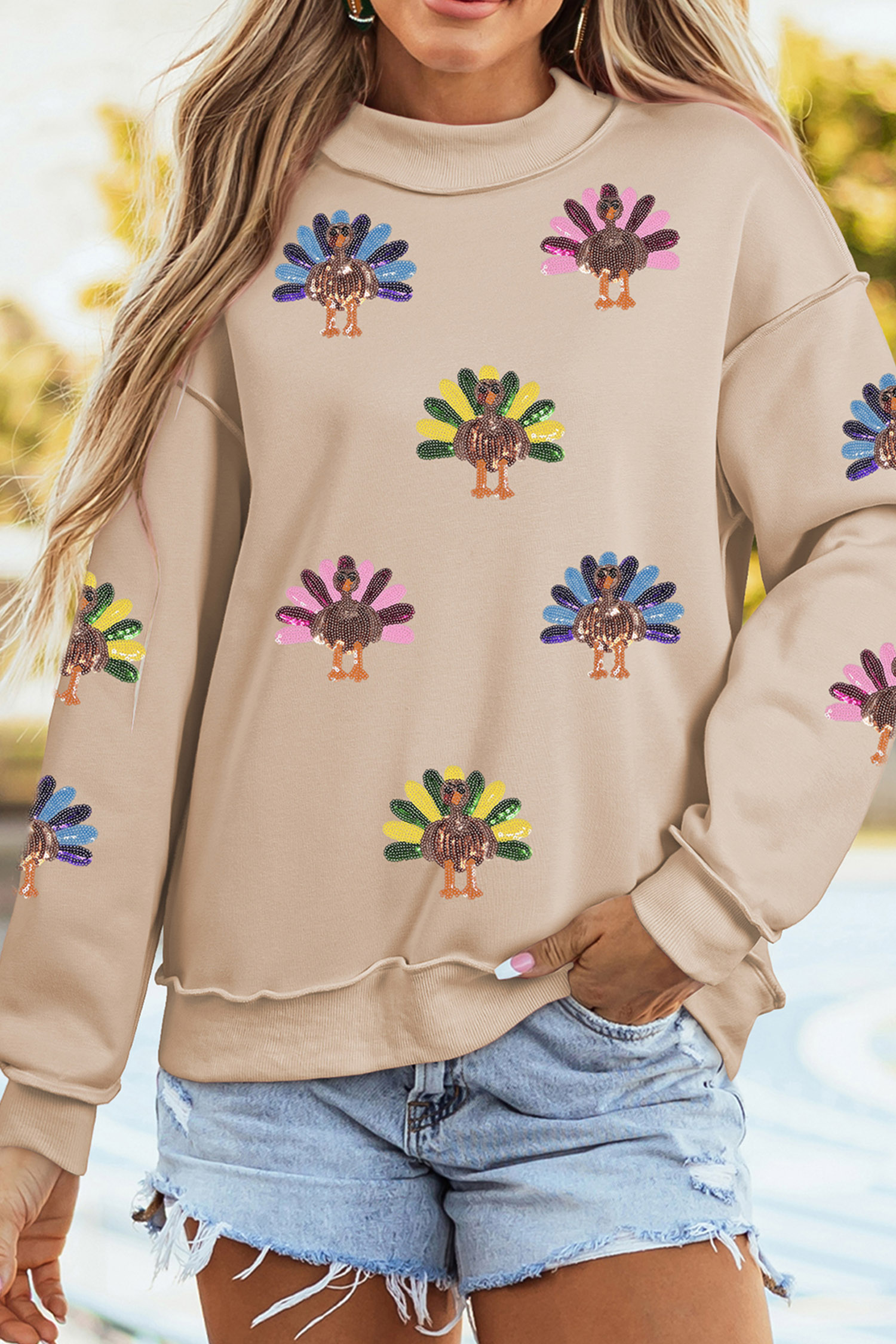 Women's Mock Neck Graphic Sweatshirt, Festive Turkey Fall Top - Detail View 6