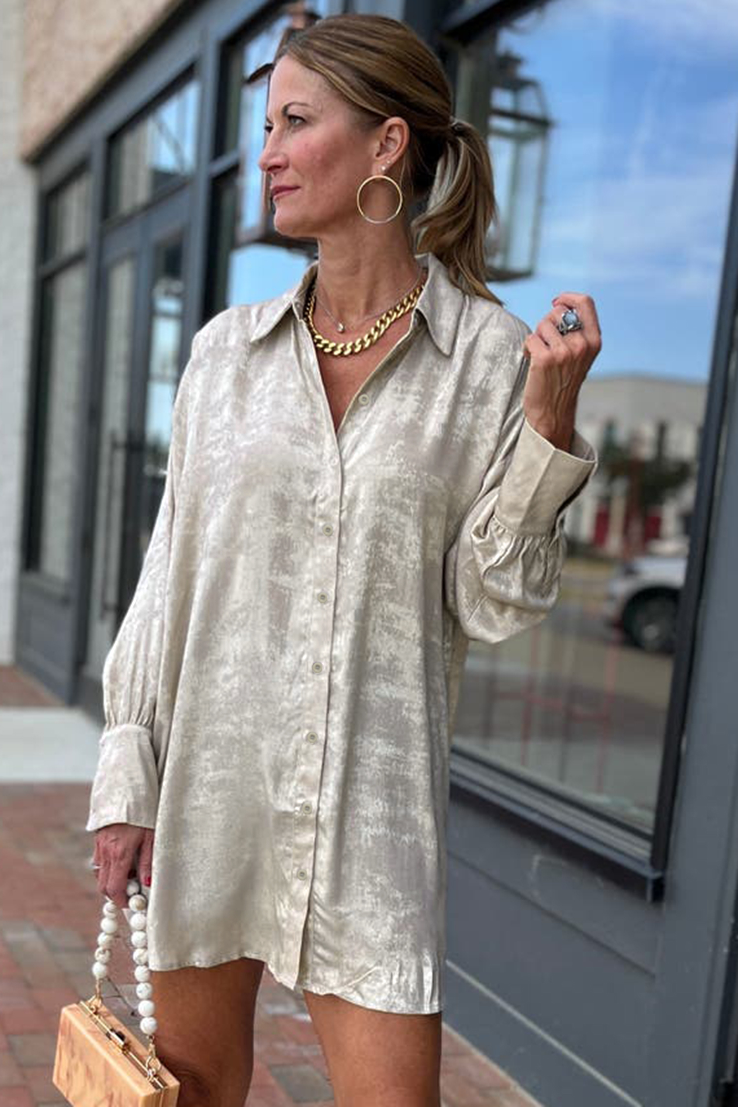 Long Sleeve Velvet Shirt Dress, Chic Autumn Mini Daily Wear - Detail View 6
