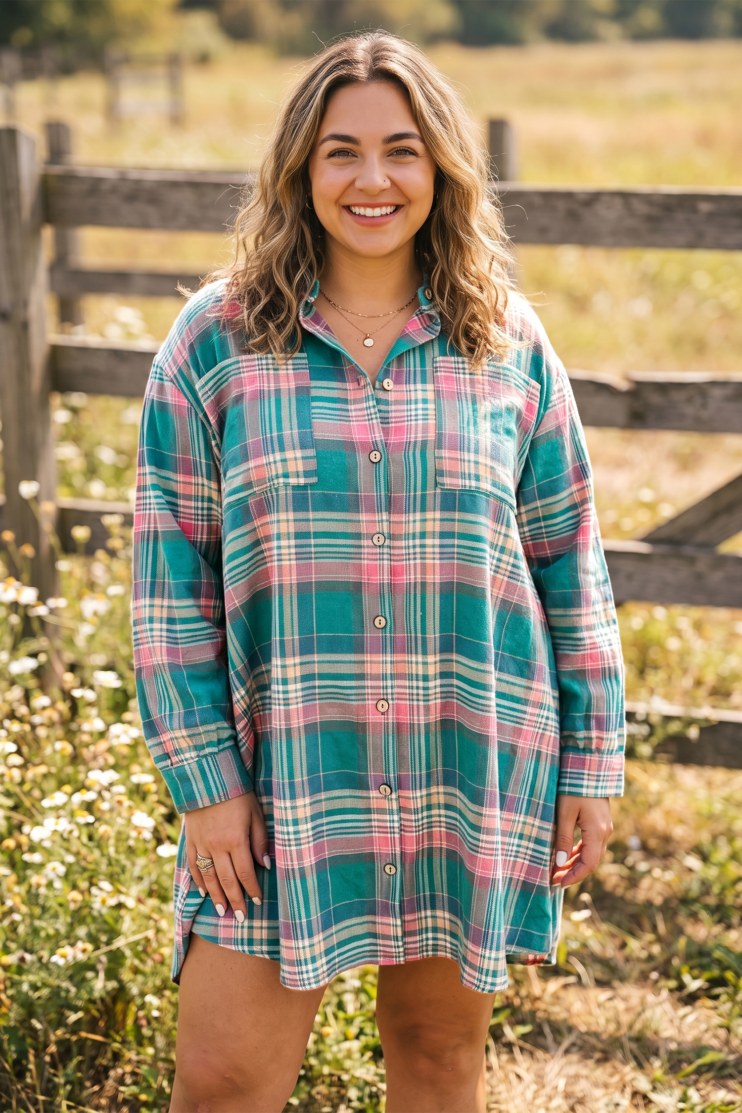 Casual Long Sleeve Shift Dress, Relaxed Plaid Button Front - Detail View 3
