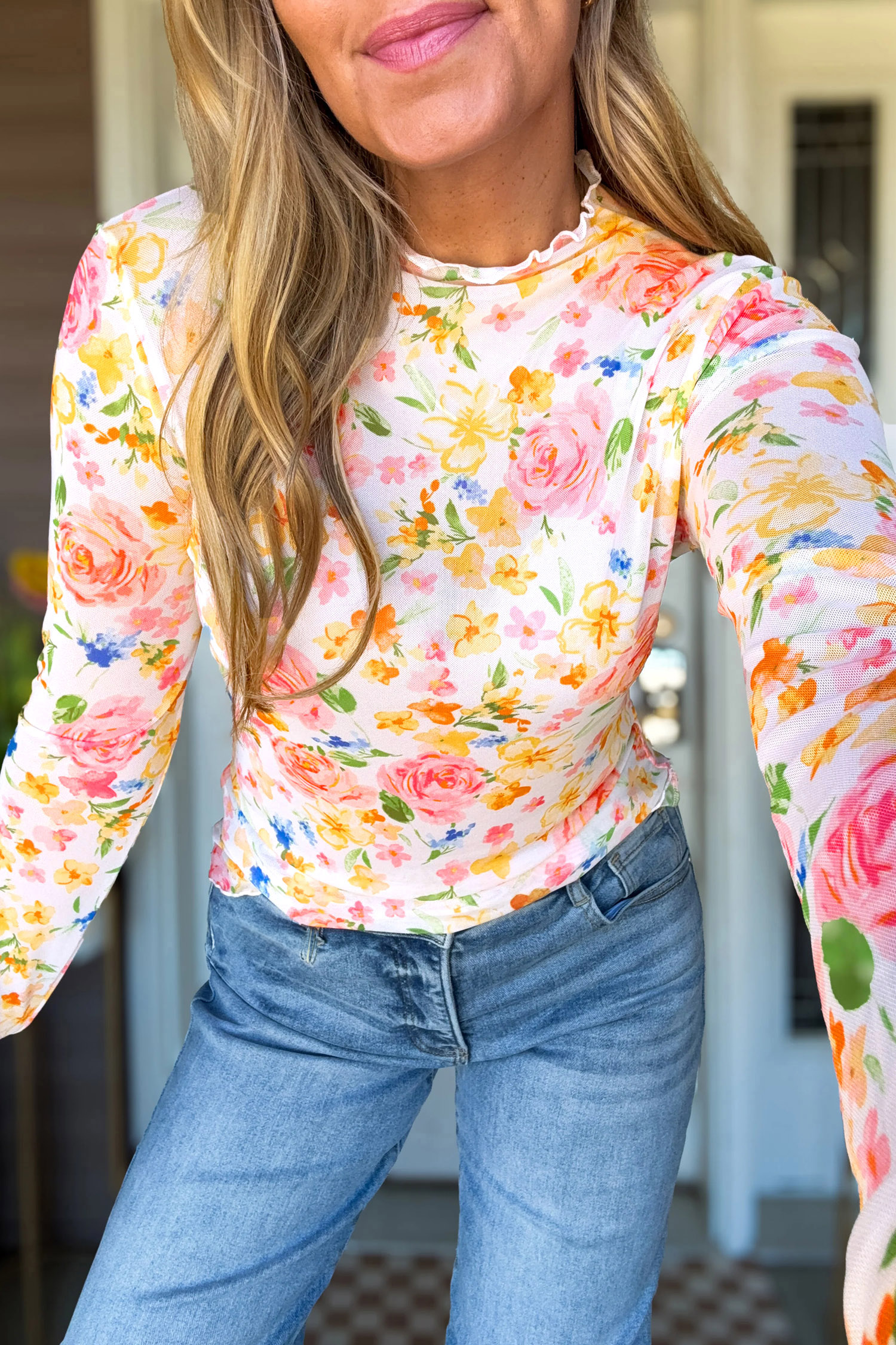 White Floral Mesh Blouse, Slim Fit Lettuce Edge Autumn Top - Detail View 3