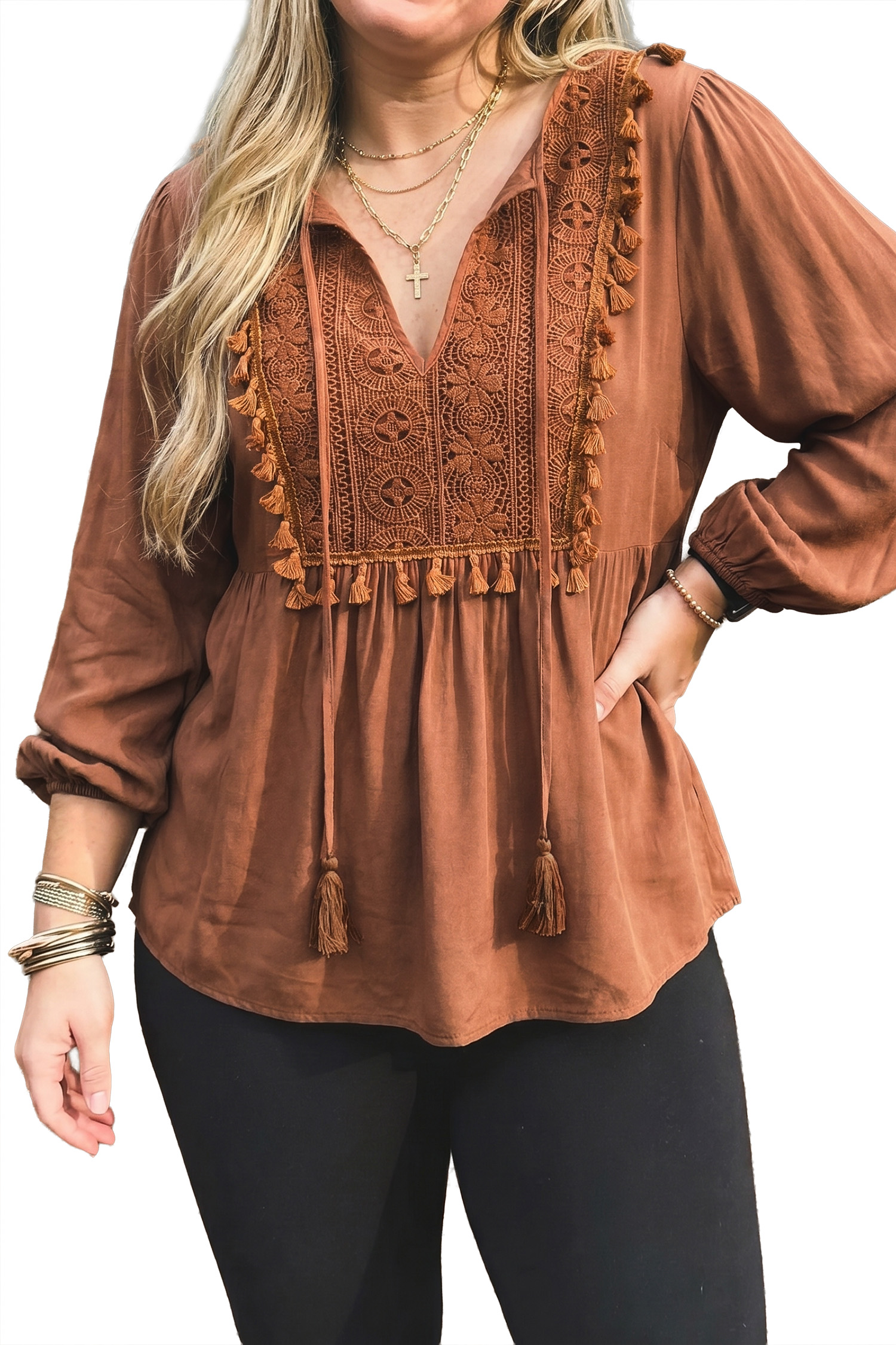 Chestnut Peplum Blouse, Casual Boho Embroidered Fringe Top - Detail View 3