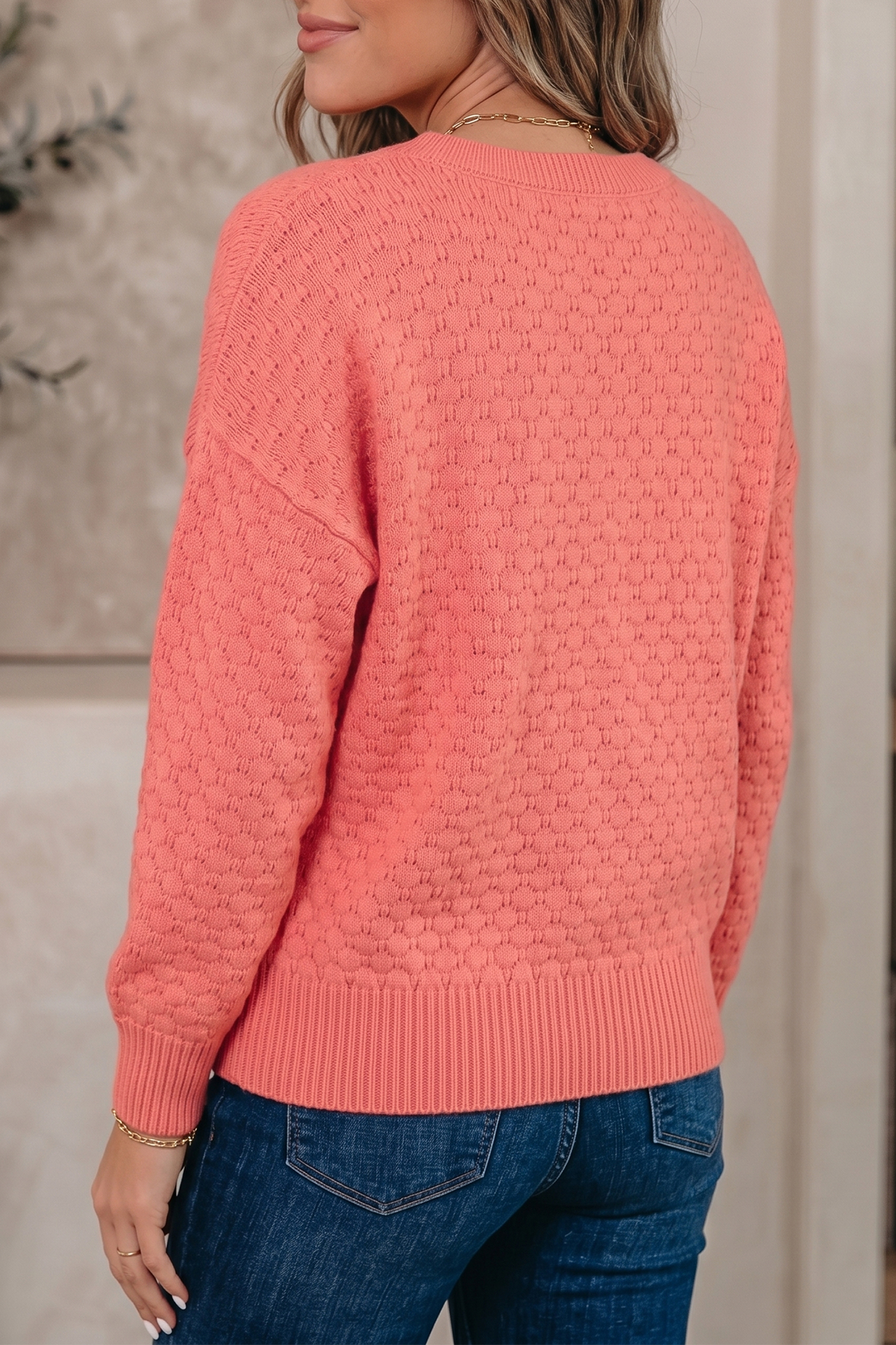 Soft Cotton Blend Pullover, Coral Ribbed Textured Sweater - Detail View 2