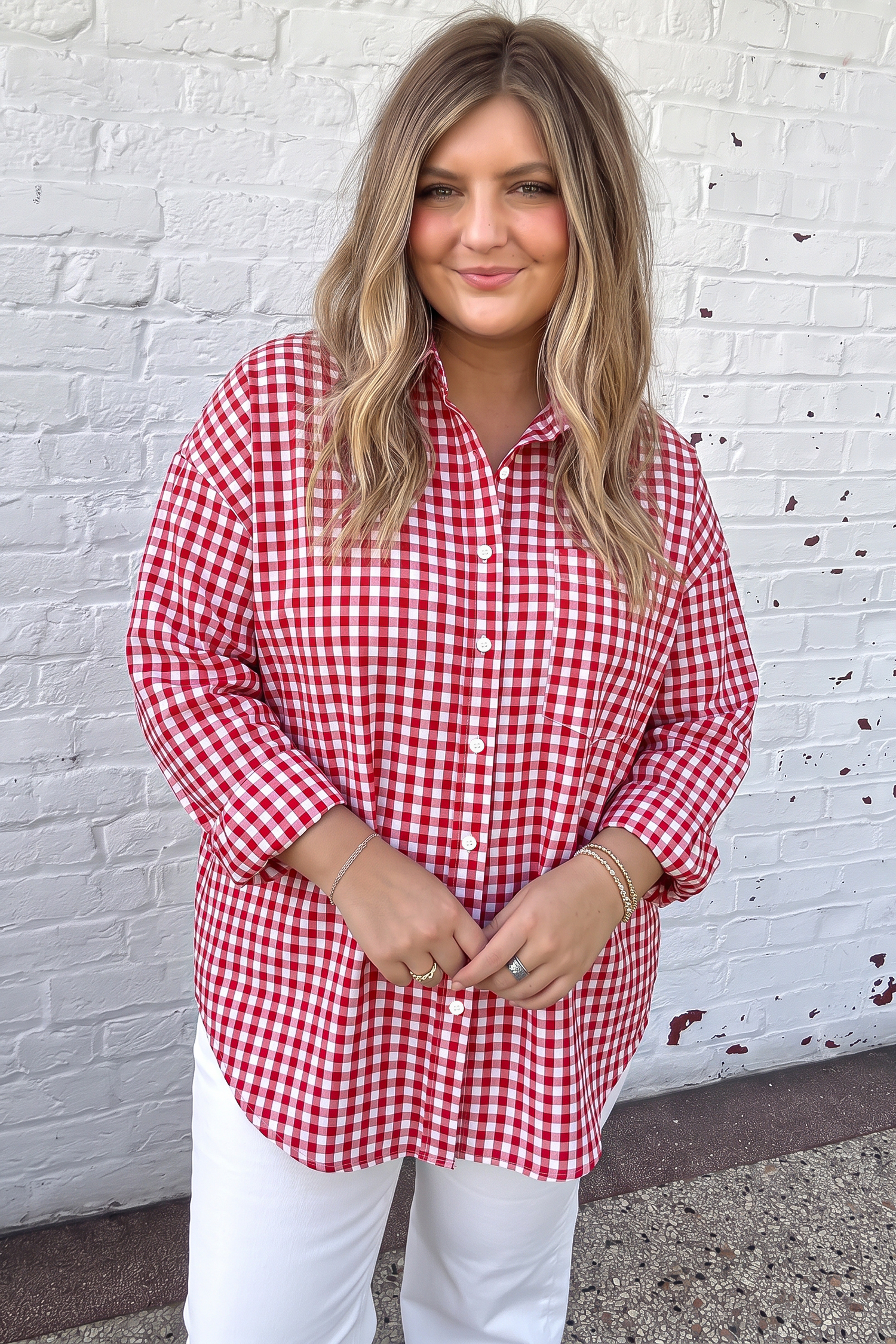 Red Gingham Button Up Shirt, Relaxed Fit Long Sleeve Blouse - Detail View 5