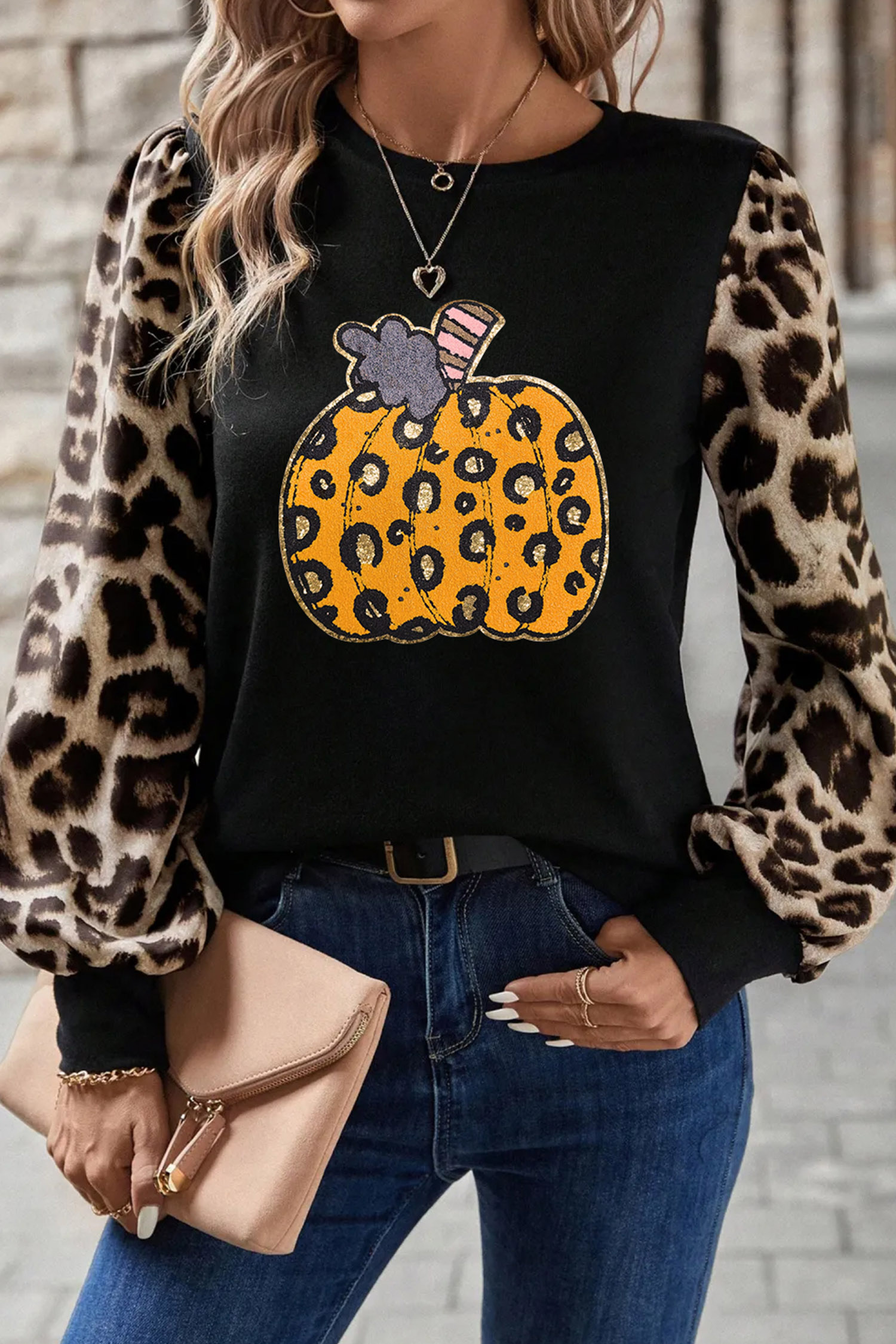 Women's Cozy Knit Pumpkin Top, Leopard Sleeve Shirt - Detail View 6