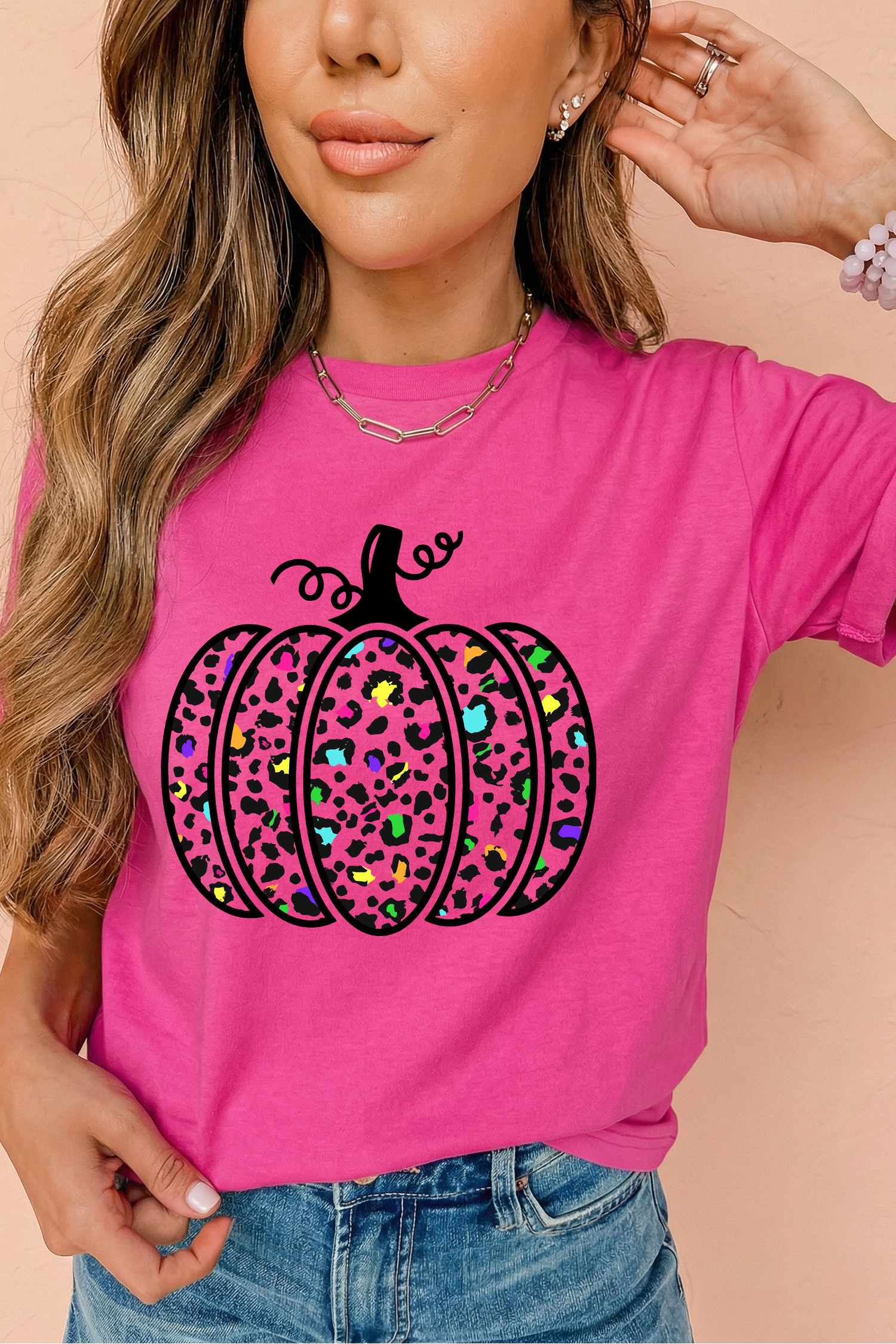 Leopard Pumpkin Graphic T-Shirt, Casual Round Neck Tee - Detail View 5