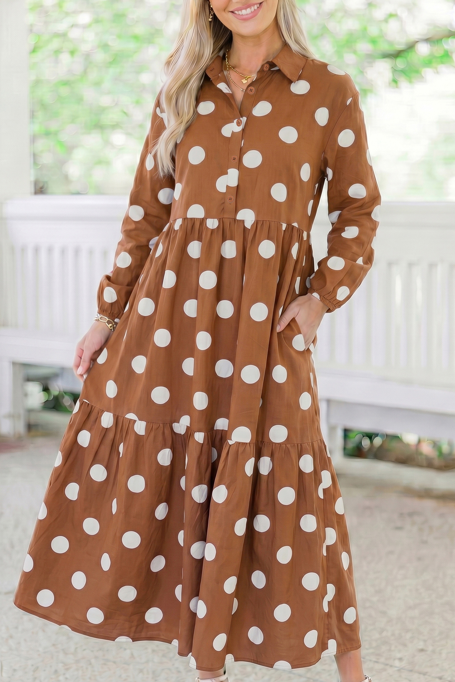 Women's Tiered Polka Dot Dress, Long Sleeve Daily Autumn Wear - Detail View 3