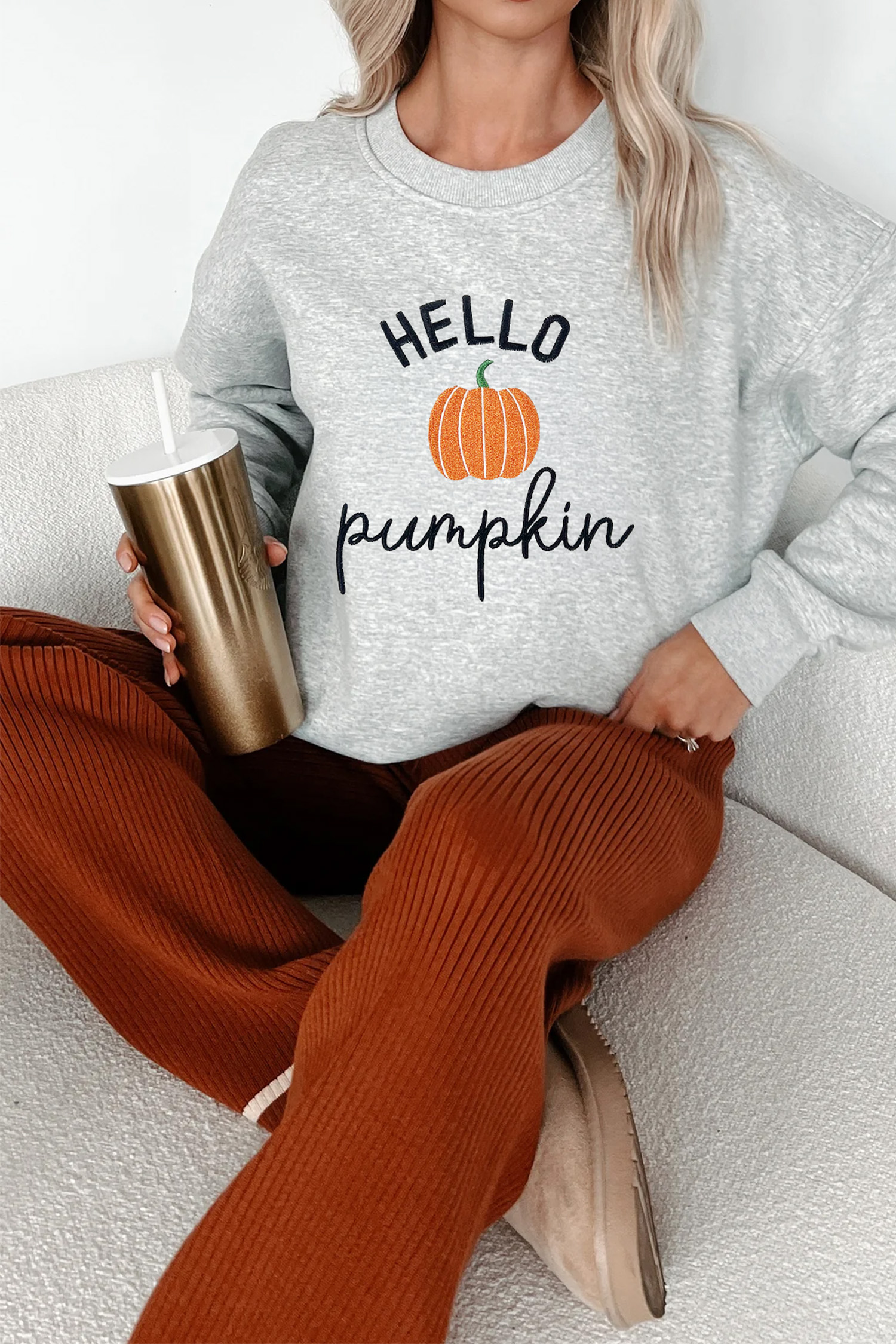 Women's Hello Pumpkin Sweatshirt, Casual Gray Fall Graphic - Detail View 7