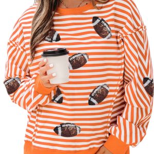 Women's Orange Stripe Sequin Top, Casual Game Day Long Sleeve - Main View