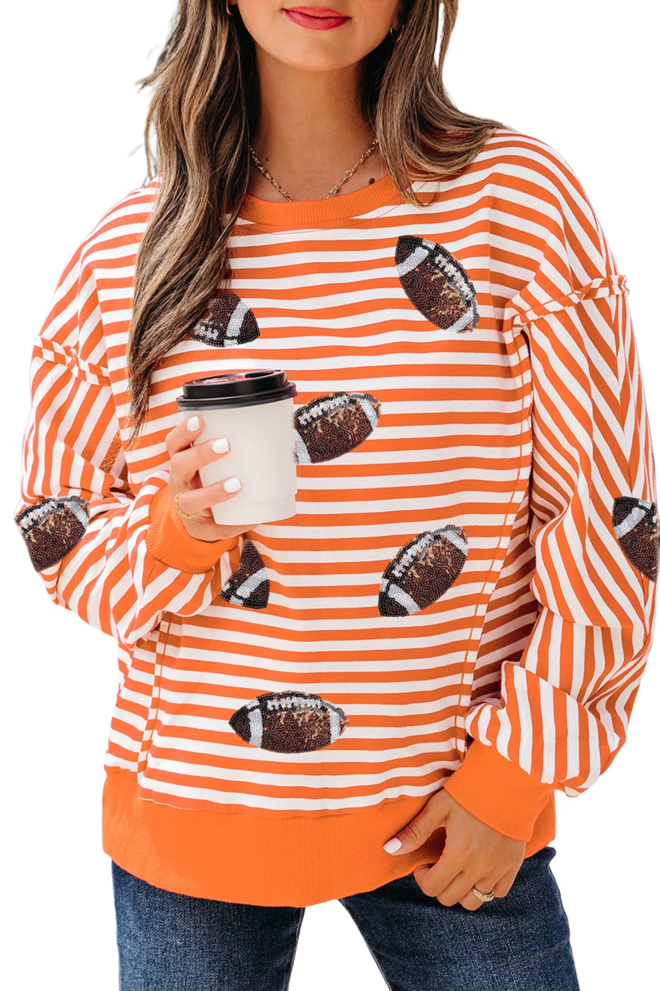 Women's Orange Stripe Sequin Top, Casual Game Day Long Sleeve - Main View