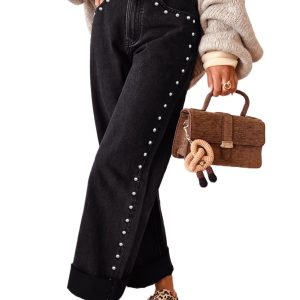 Women's Black Studded Straight Leg Jeans, Daily Casual Denim - Main View