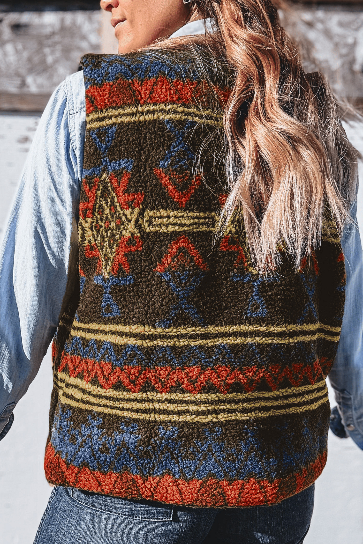 V Neck Western Sherpa Vest, Zip Up Multicolour Layering Piece - Detail View 2