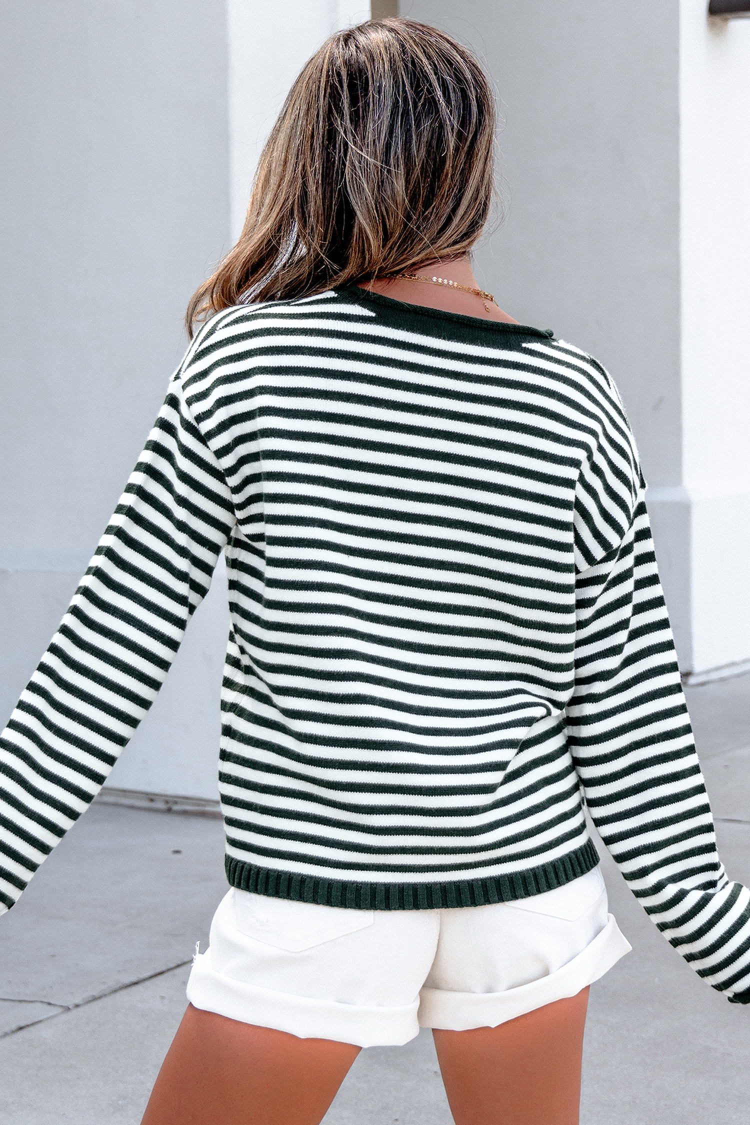 Green Stripe Sweater, Trend Drop Shoulder Long Sleeve - Detail View 2