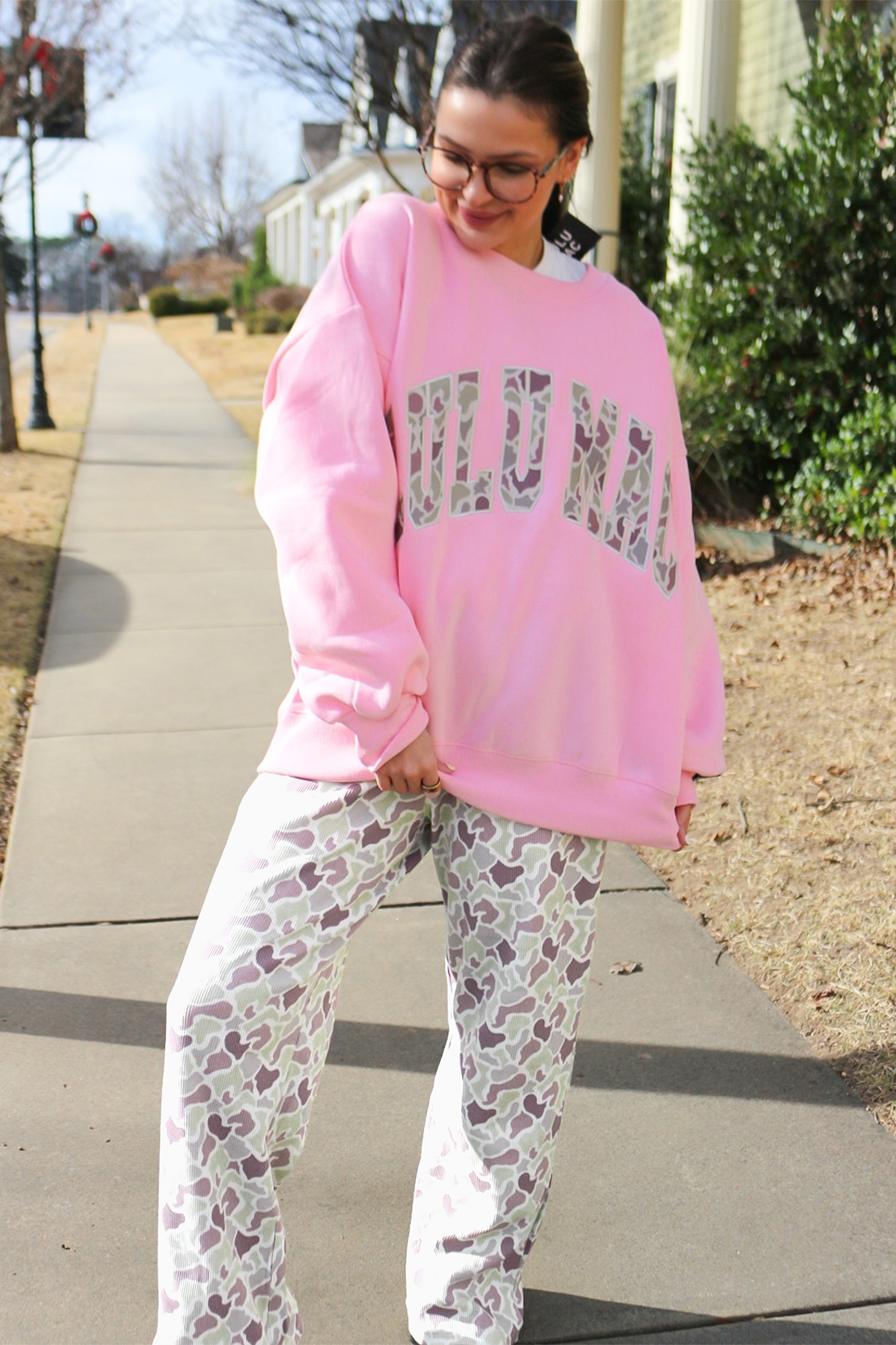 High Waisted Camo Print Pants, Trendy Wide Leg Waffle Knit Fit - Detail View 5