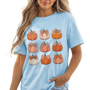 Women's Pumpkin Graphic T Shirt, Light Blue Casual Tee - Main View