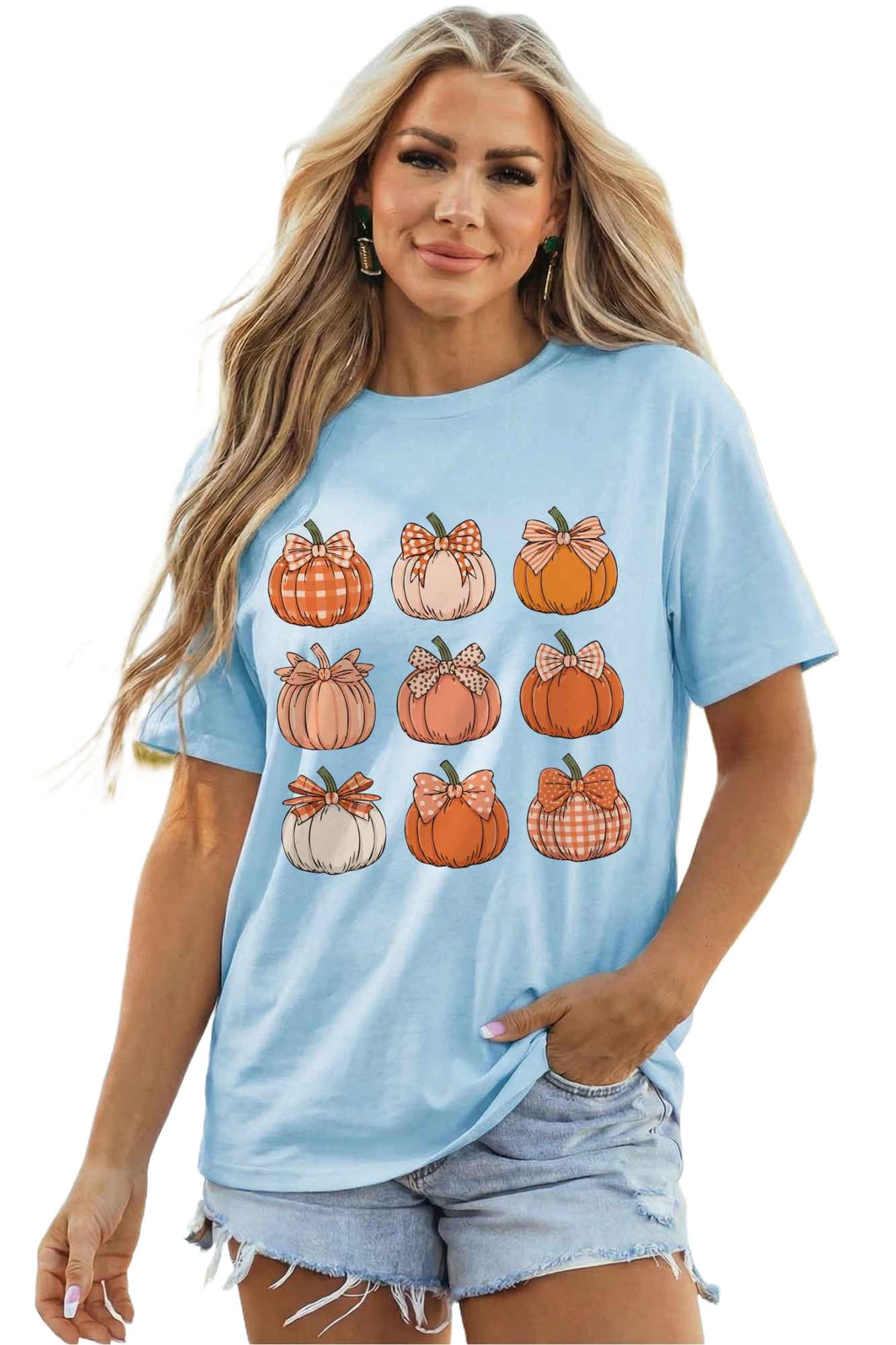 Women's Pumpkin Graphic T Shirt, Light Blue Casual Tee - Main View