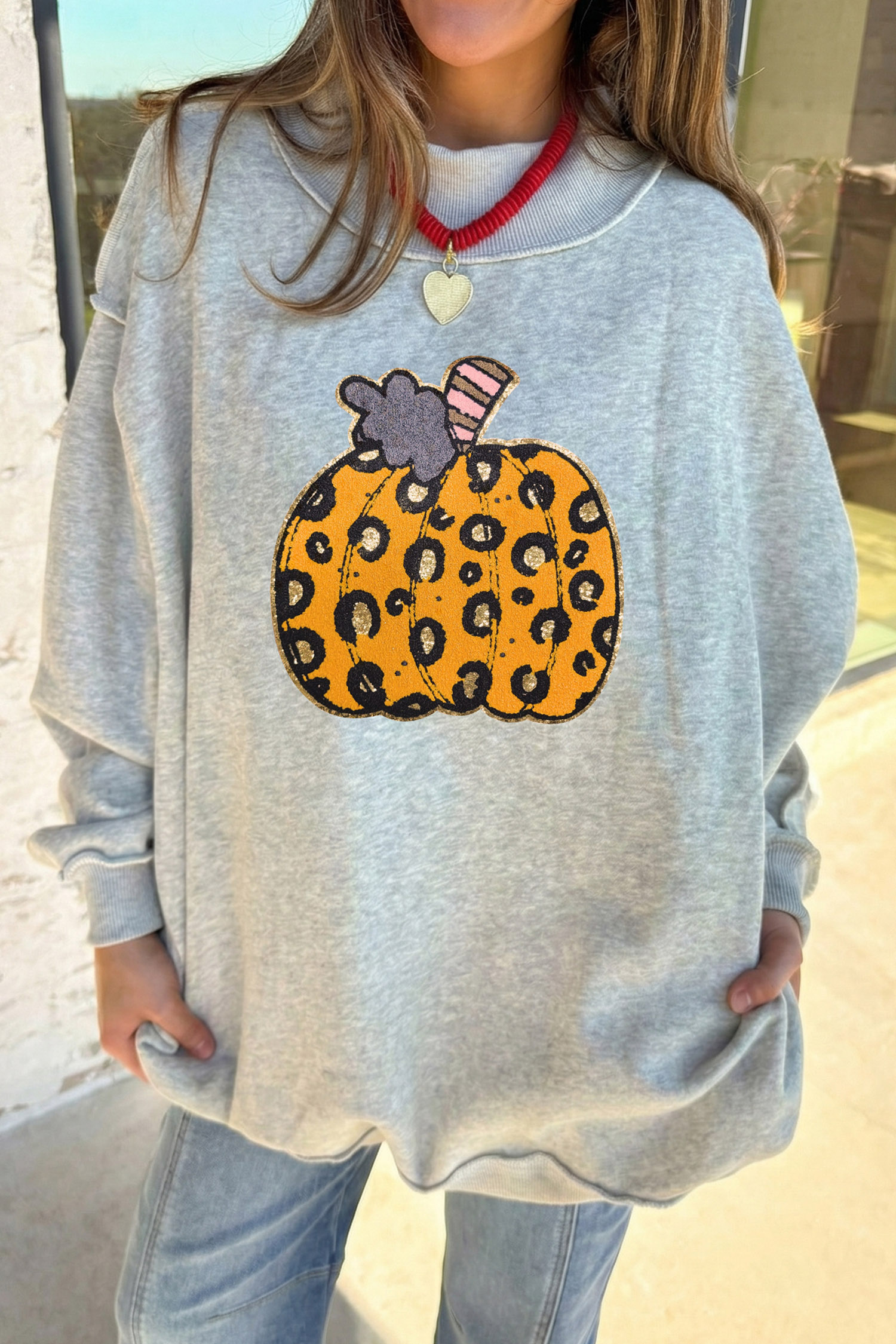 Women's Seasonal Pumpkin Sweatshirt, Light Grey Casual Pullover - Detail View 3