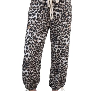 Women's Leopard Print Joggers, Casual High Waist Denim Pants - Main View
