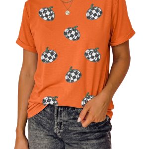Women's Casual Pumpkin Tee, Sequin Fall Short Sleeve Shirt - Main View
