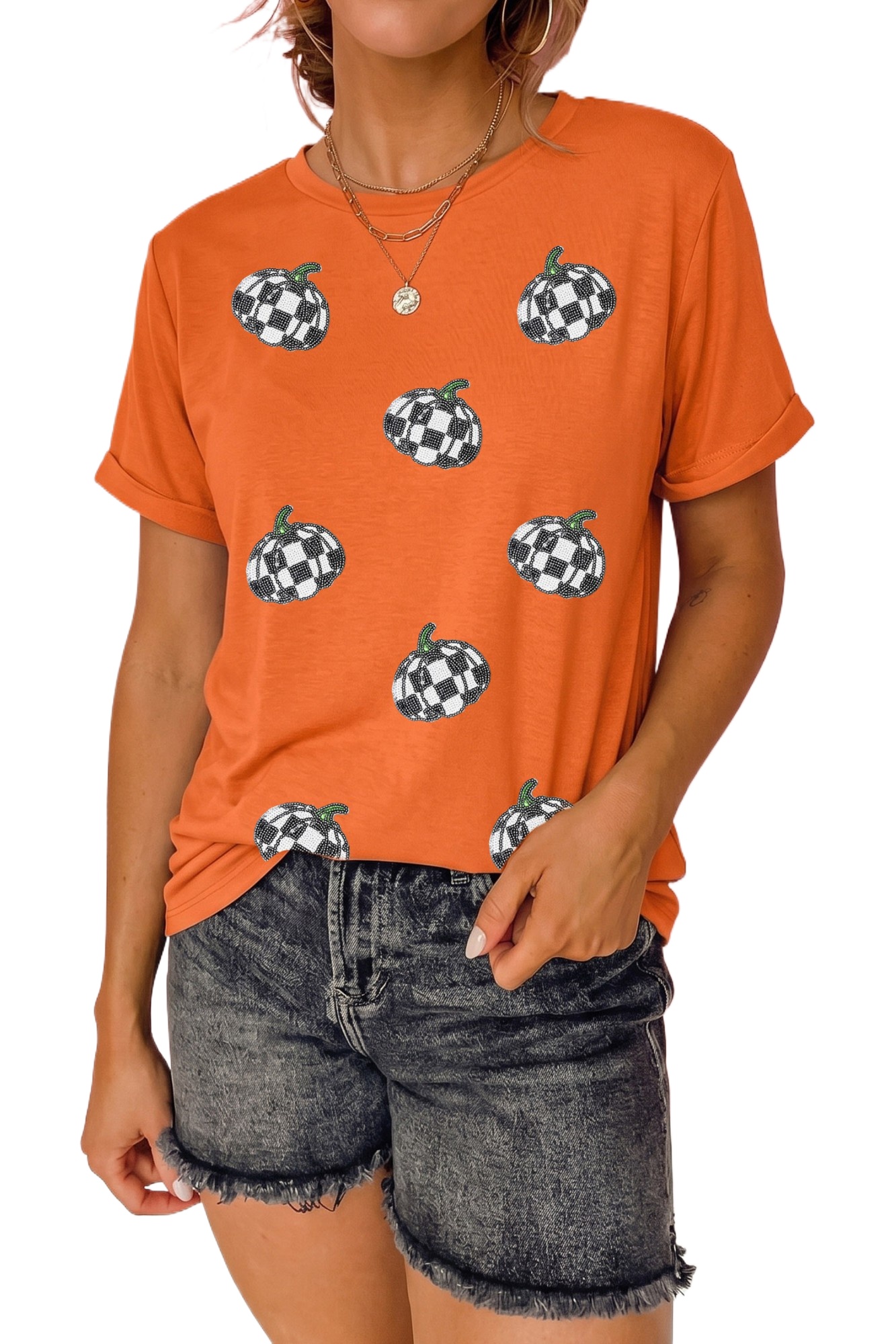 Women's Casual Pumpkin Tee, Sequin Fall Short Sleeve Shirt - Main View