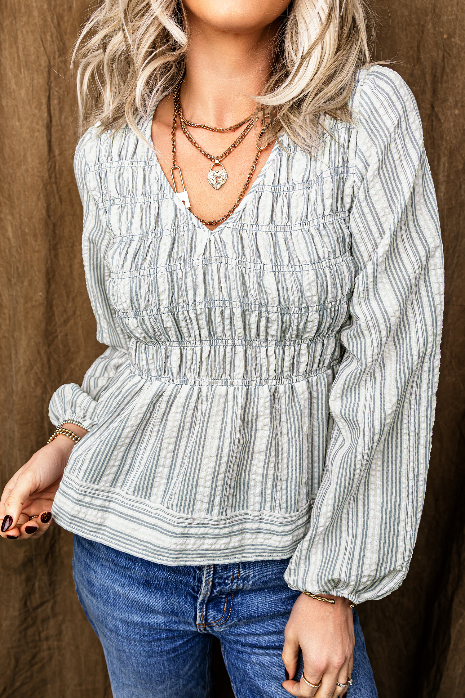 Long Sleeve Striped Blouse, Women's V Neck Shirred Peplum Top - Detail View 5