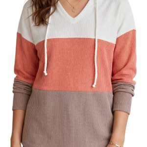 Women's Ribbed Colorblock Hoodie, Casual Long Sleeve Top - Main View