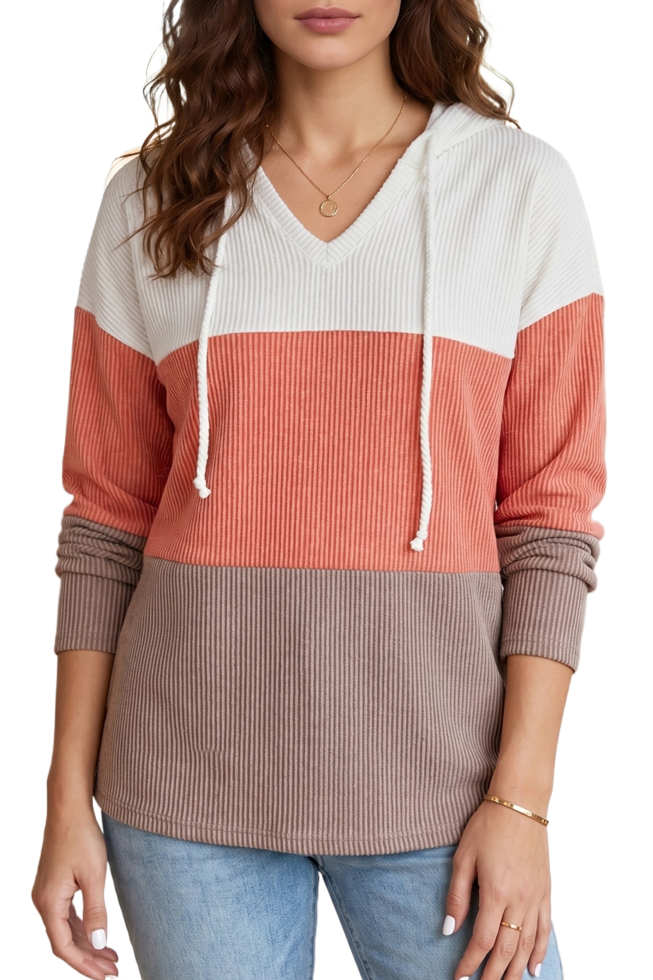 Women's Ribbed Colorblock Hoodie, Casual Long Sleeve Top - Main View