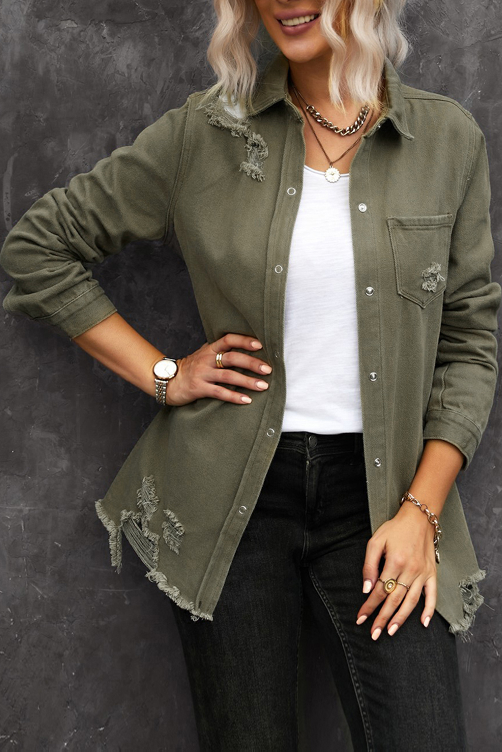 Raw Hem Ripped Denim Shirt Jacket, Trendy Women's Shacket - Detail View 5