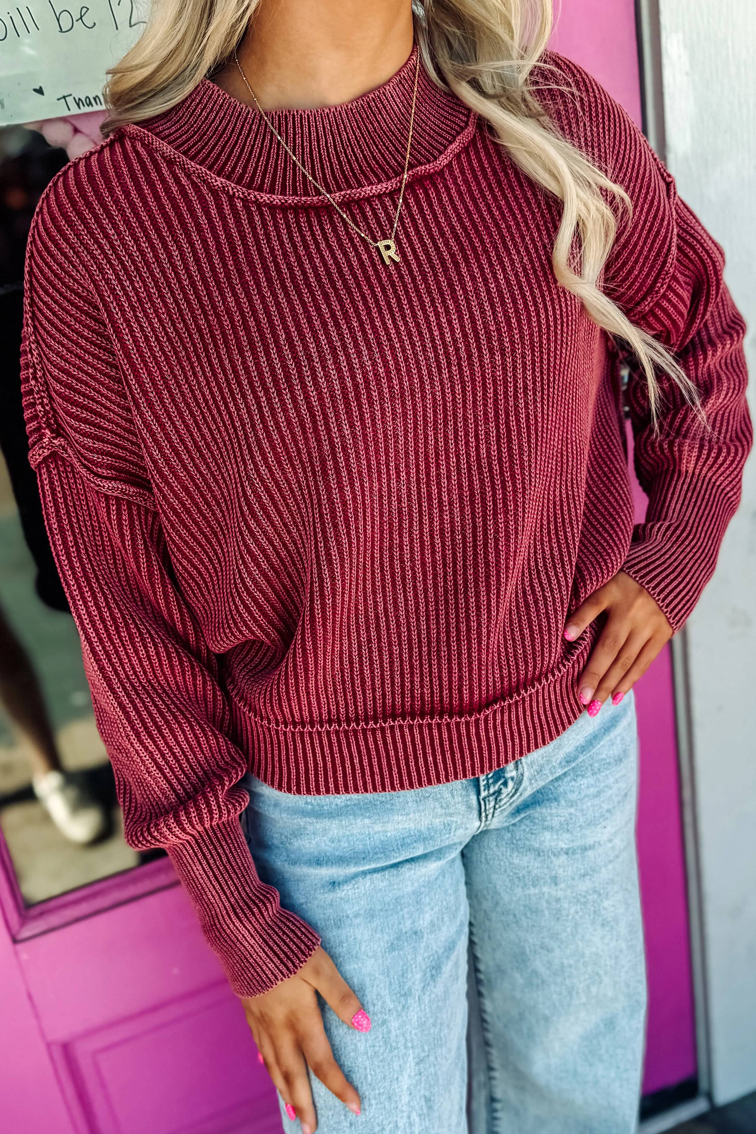 100% Cotton High Neck Women's Sweater, Cozy Drop Shoulder - Detail View 9