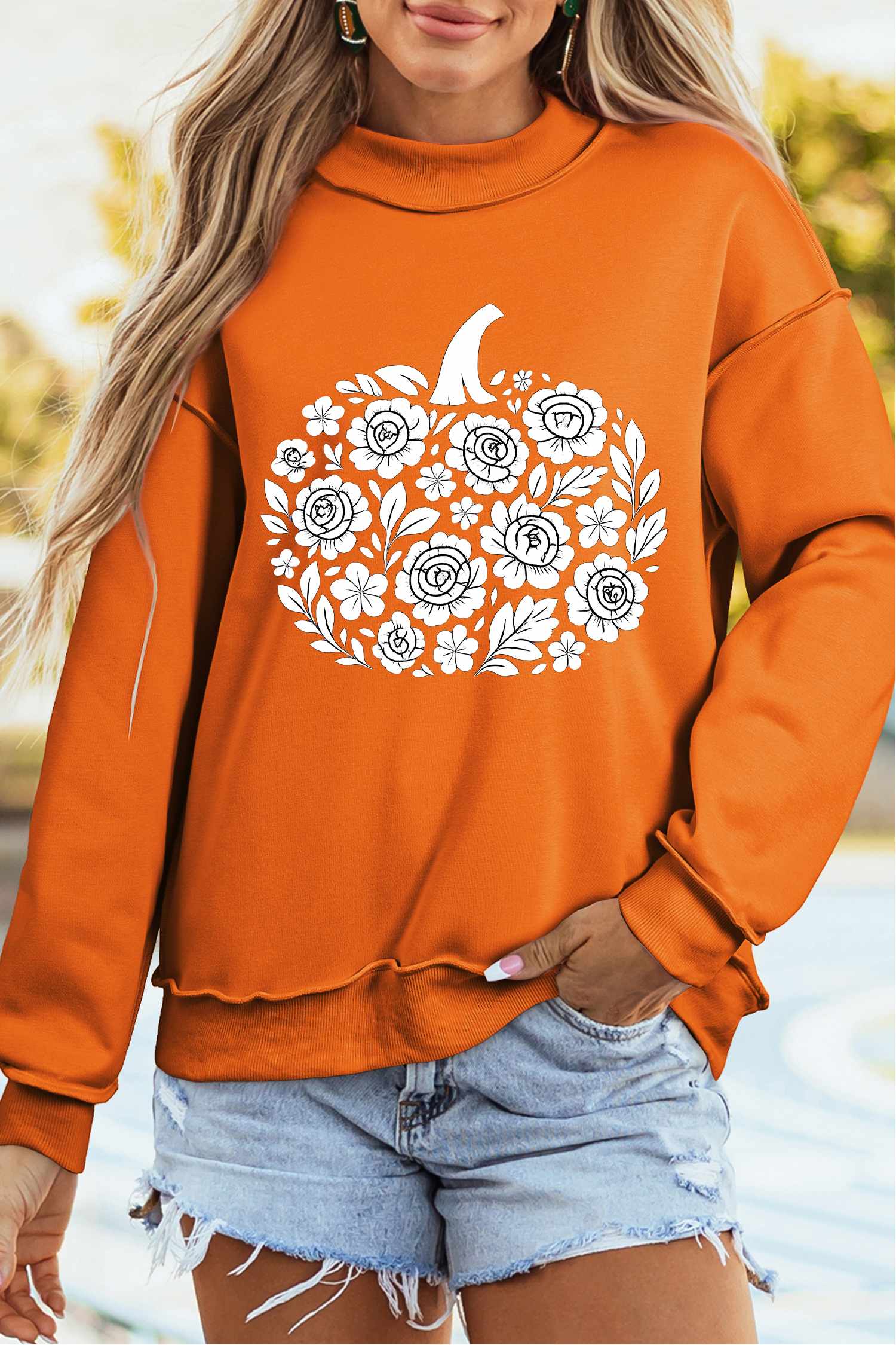 Graphic Floral Pumpkin Sweatshirt, Casual Carrot Orange Top - Detail View 6