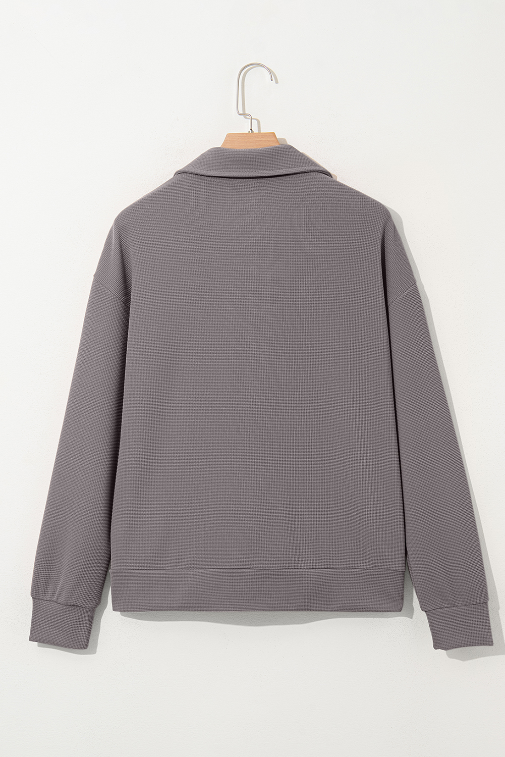 Trendy Drop Shoulder Sweatshirt, Daily Gray Waffle Collar Top - Detail View 9