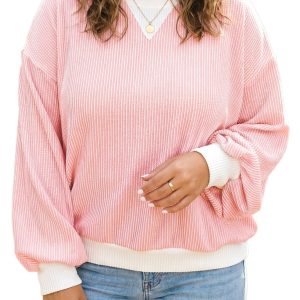 Women's Ribbed Colorblock Blouse, Casual Long Sleeve Top - Main View