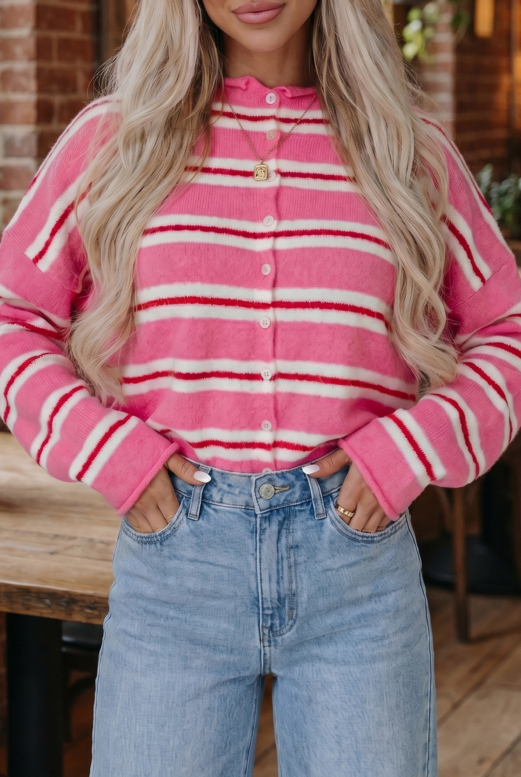 Pink Stripe Knit Cardigan, Long Sleeve Round Neck Button Top - Detail View 2