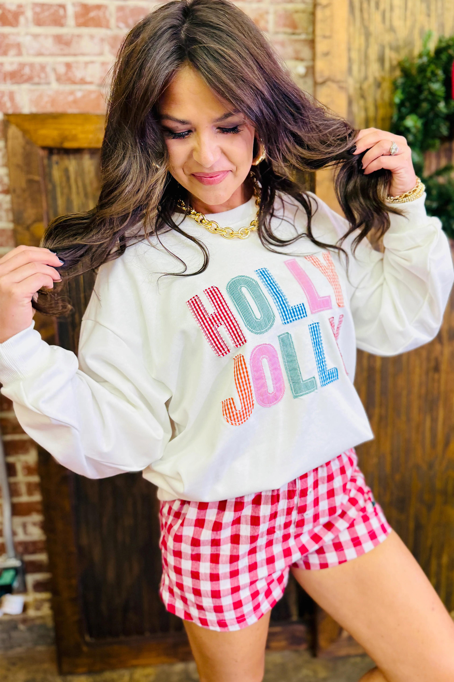 Women's Plaid Letter Sweatshirt, Holly Jolly Christmas Top - Detail View 2